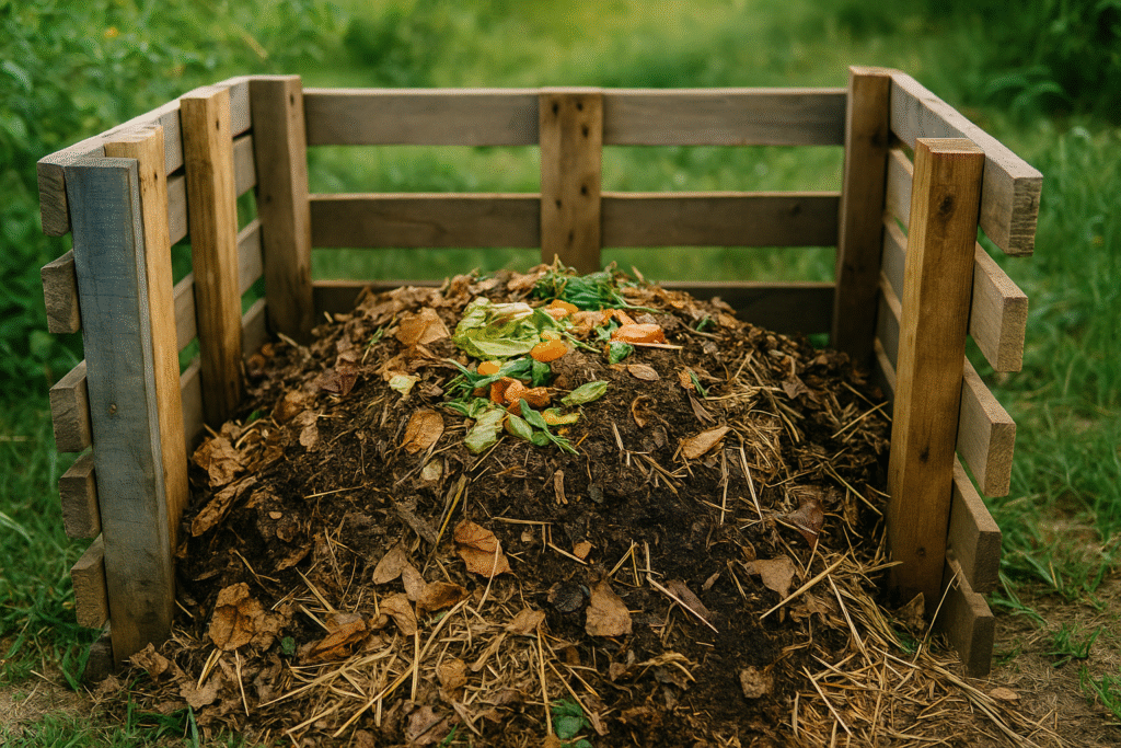 compost pile in a three-sided wooden bin with food scraps and straw