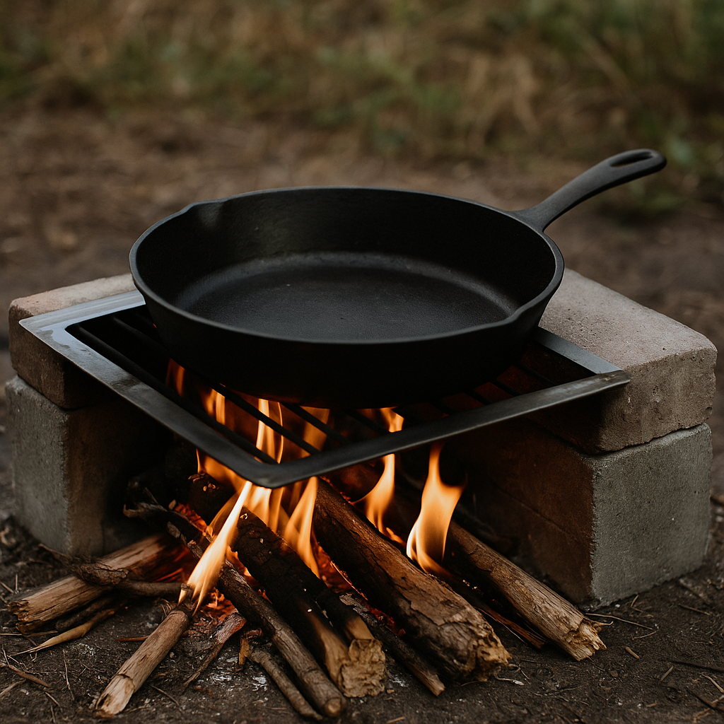 off-grid cooking with cast iron skillet over fire
