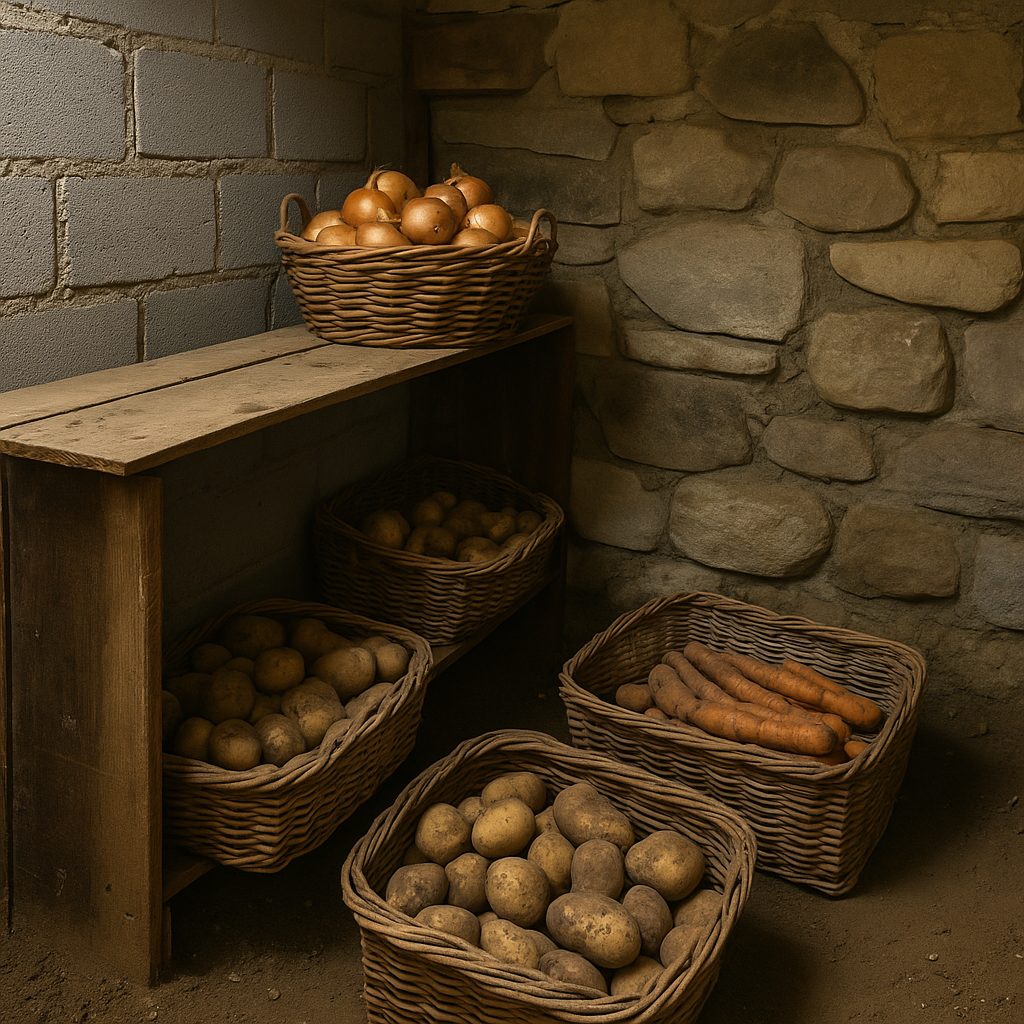 Traditional root cellar built into a hillside with wooden doors for long-term food storage
