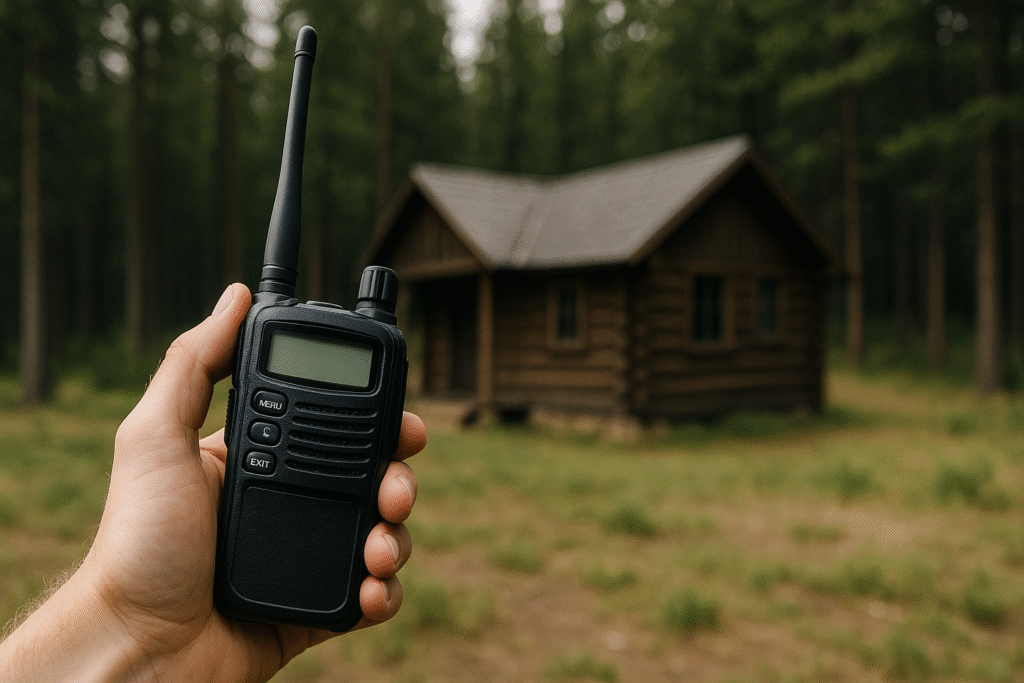 a person holding a black walkie talkie in front of a rustic log cabin surrounded by tall pine trees (off grid communication)
