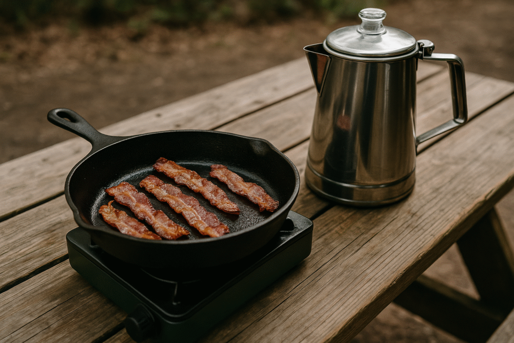 a cast iron skillet cooking strips of bacon on a green camping stove beside a stainless steel percolator on a rustic wooden picnic table outdoors (off grid cooking methods)